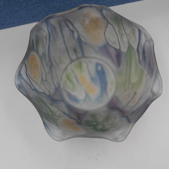 VINTAGE SMALL REUVEN RUFFLED EDGE ART GLASS BOWL & PLATE WATERCOLOR SATIN FINISH - Picture 4 of 12